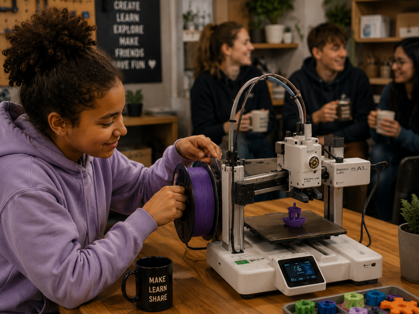 Maker loading purple filament onto a Bambu Lab A1 Mini 3D printer