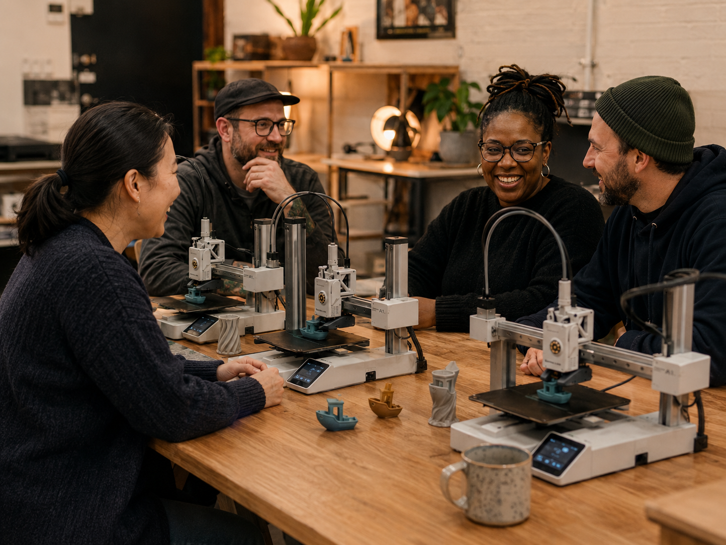Four adults laughing around a table with Bambu Lab A1 Mini 3D printers